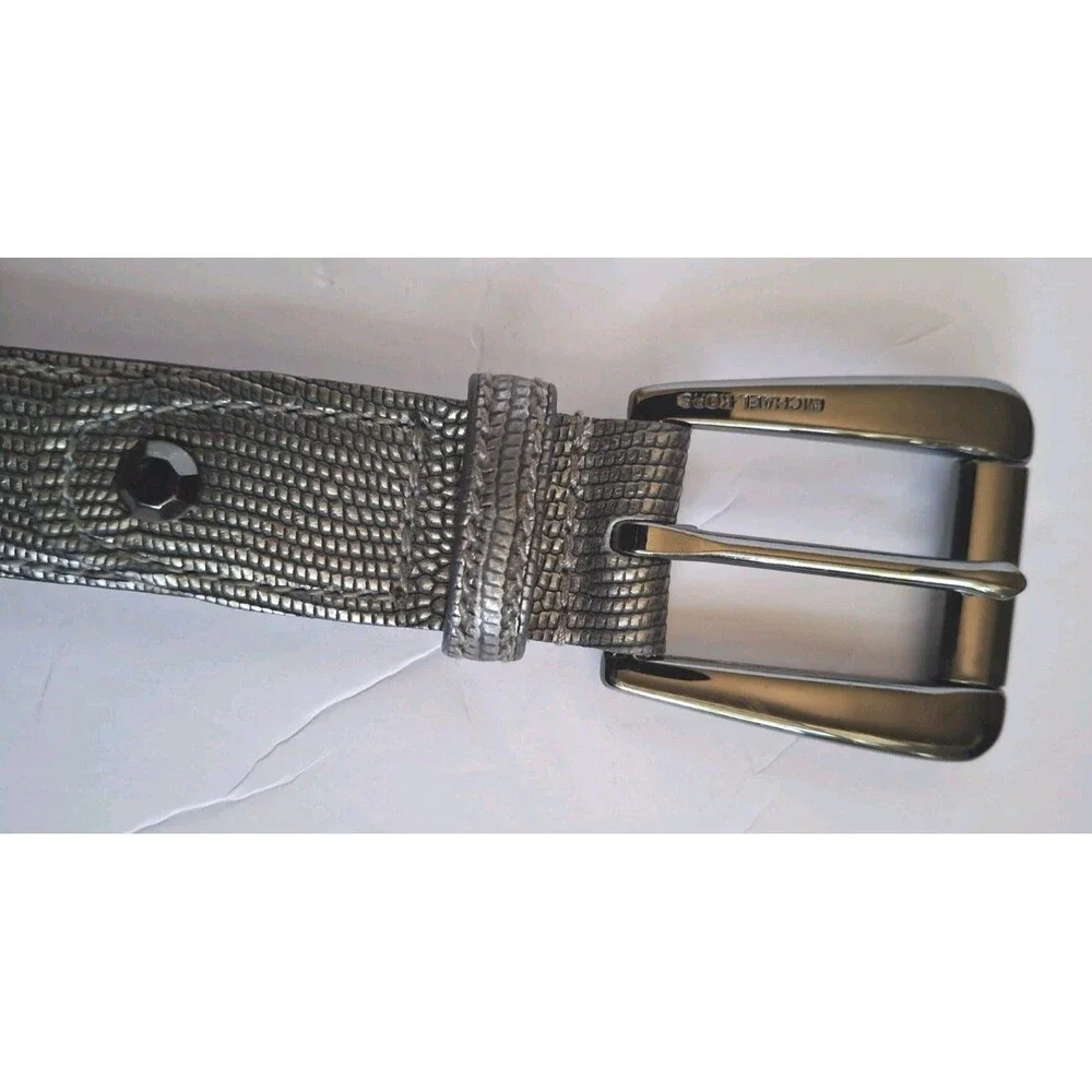 Michael Kors Leather Belt Large Silver Textured  Statement Belt Classic Designer